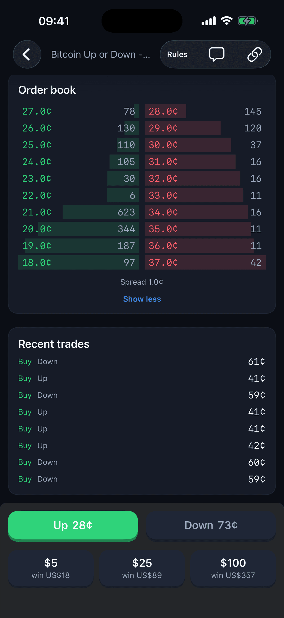 Crypto live window order book and recent trades