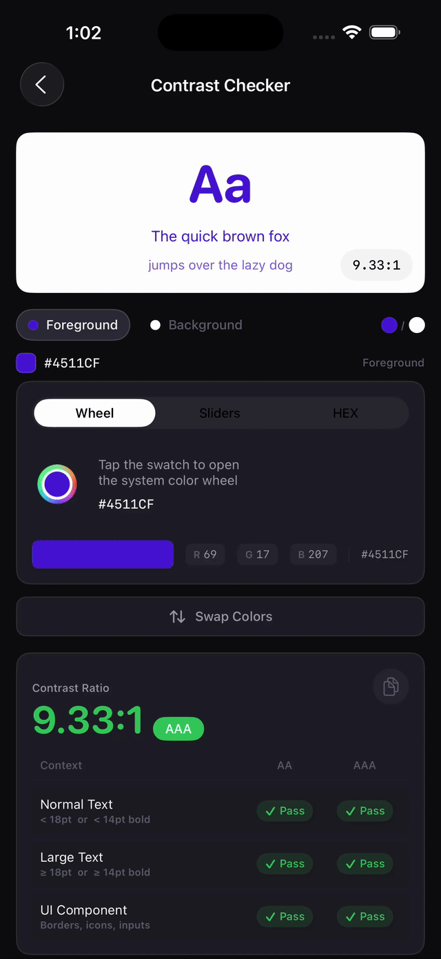WCAG contrast checker with pass and fail states
