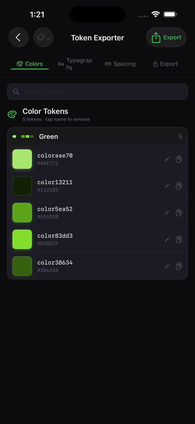 Design token exporter emitting Swift, JSON, and CSS